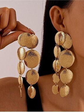 Gold Hammered Disc Statement Drop Earrings Boho Glam